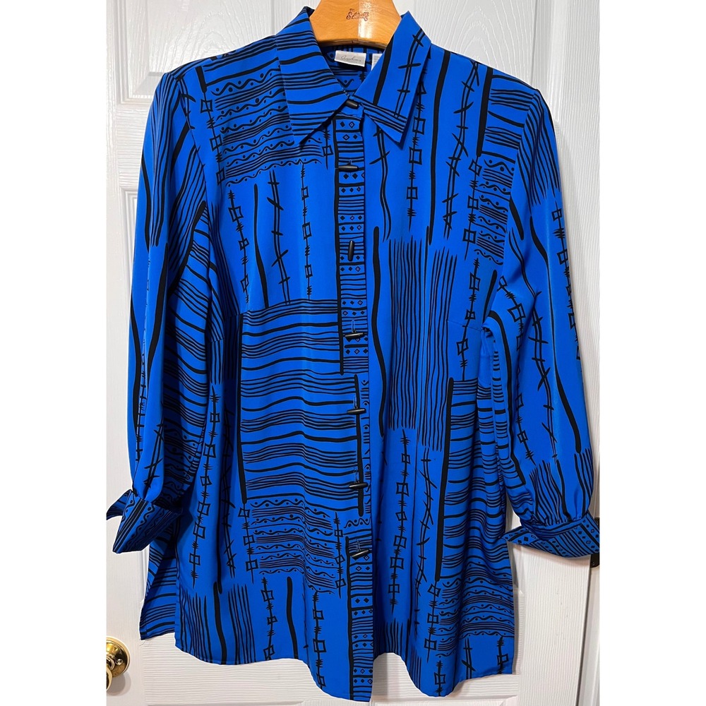 Vtg Jaclyn Smith Classics Blue Black Abstract Print Toggle ButtonUp Tunic Sz 20W